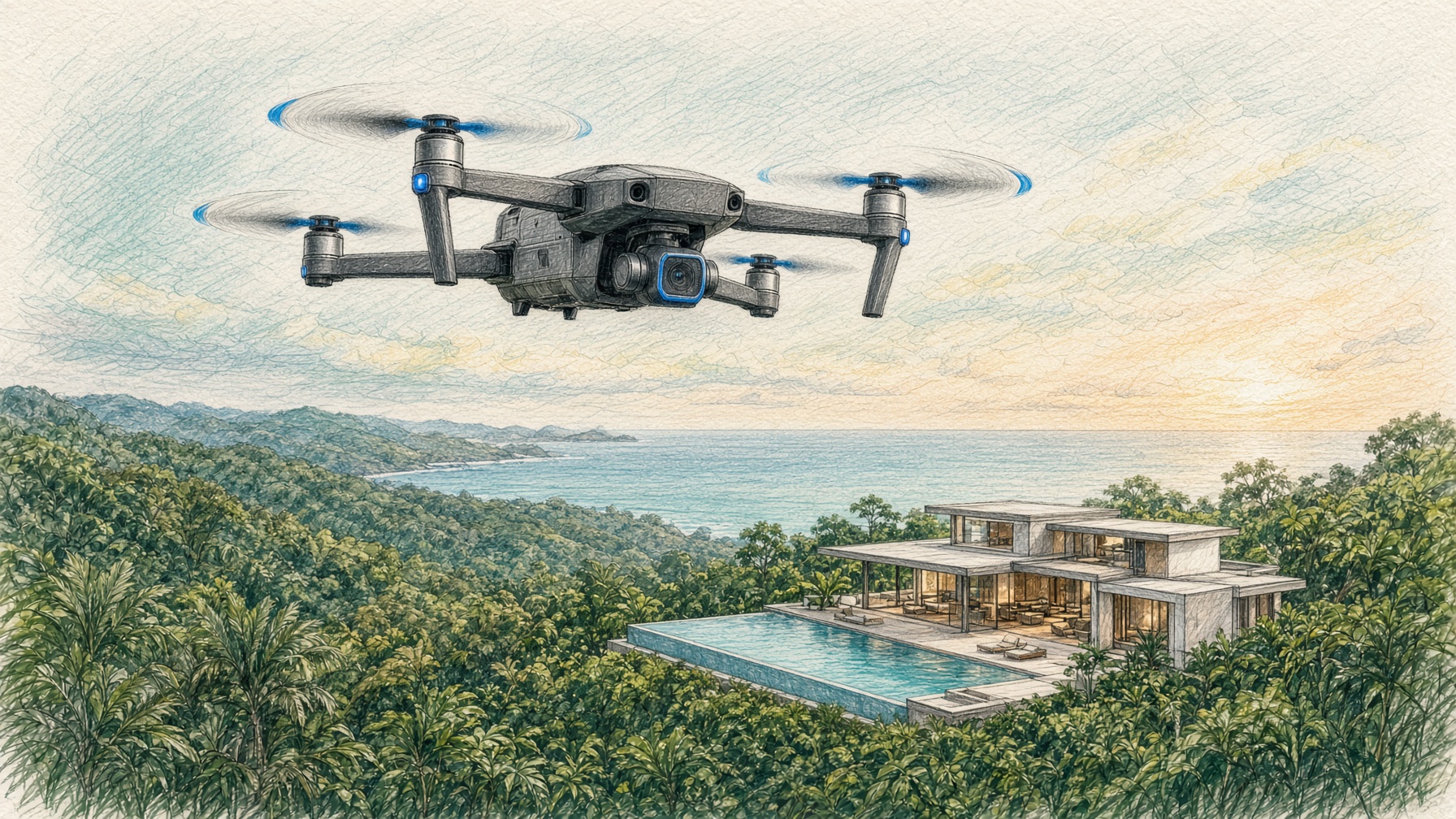 Colored pencil illustration of a cinema drone over a Costa Rica villa, jungle, and Pacific